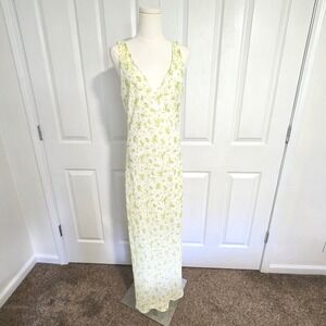 Forever 21 Maxi Dress Womens L White‎ Lime Green Floral V-Neck Sleeveless Lined